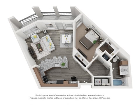 Floor plan for 1 bed, 1 bath, 919 sqft